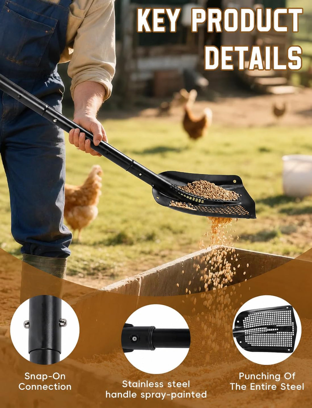 Heavy Duty Sifting Shovel with Adjustable Handle (26"-48") – Metal Sand Sifter Scoop with D-Grip for Chicken Coop, Beach, Farm Goat Stall & Garden Poop Cleaning – Durable Mesh Design