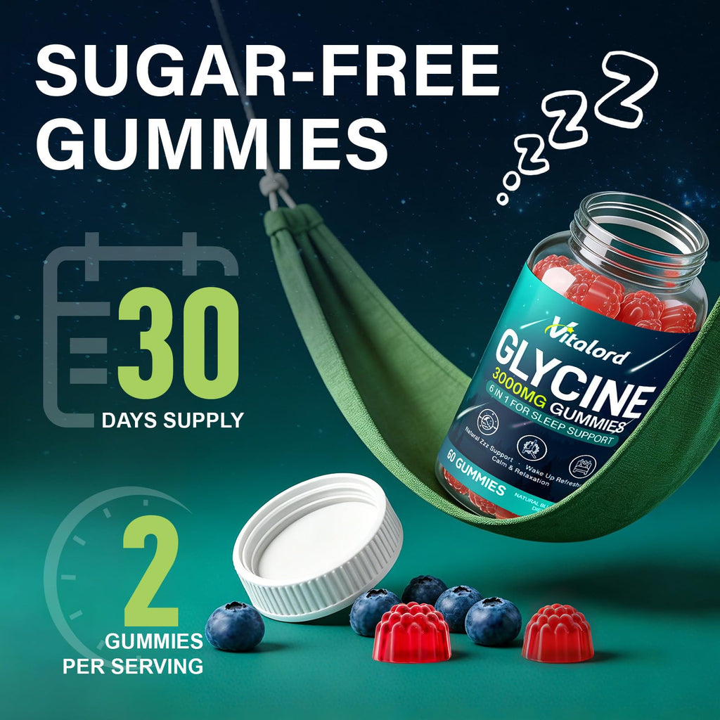 Glycine Gummies Sugar Free, Glycine Supplement for Adults, with L Alanine, L Theanine, Magnesium Glycinate, Vitamin B6 & Valerian Root Extract, for Adults, Blueberry Flavor, 60 Gummies