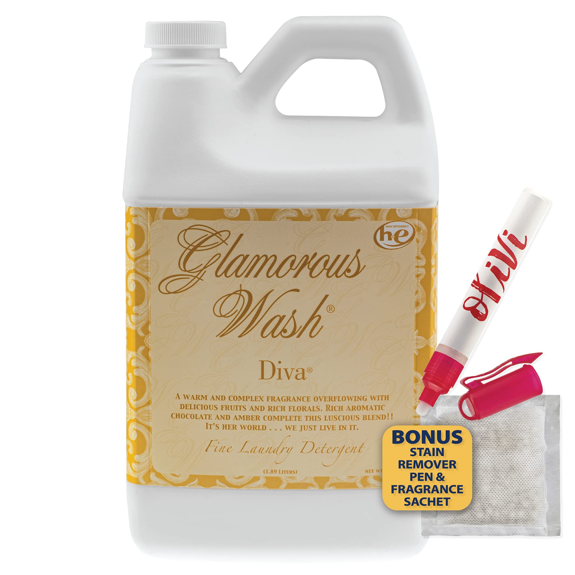 Tyler DIVA Glamorous Wash Laundry Detergent- 64oz - With Olivi Stain Remover Pen - Fresh Scented Sachet - Laundry Detergent - For Washing Clothes, Linen, Lingerie, Expensive Fabric, Sheets