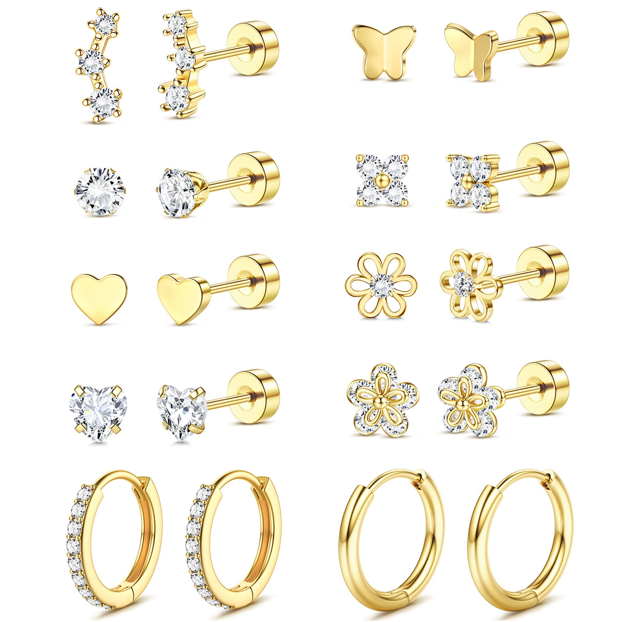 LOLIAS 10Pairs Flat Back Earrings for Women Girls Hypoallergenic Gold Stud