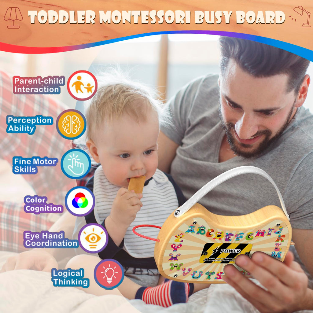 UdoUto Montessori Wooden Busy Board for Toddlers with LED Lights & Switches