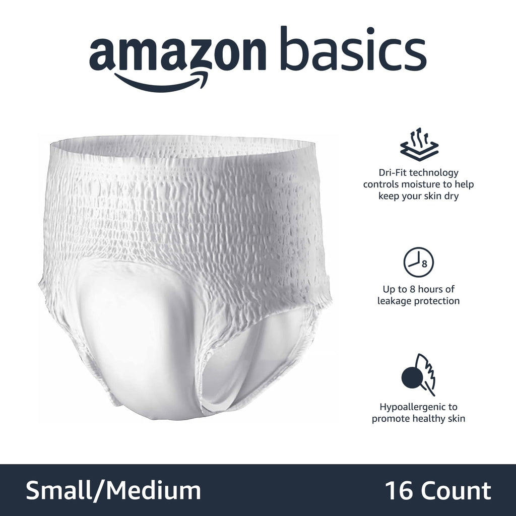 Amazon Basics Unisex Protective Underwear, Overnight Absorbency, Small/Medium, 16 Count (Pack of 2)