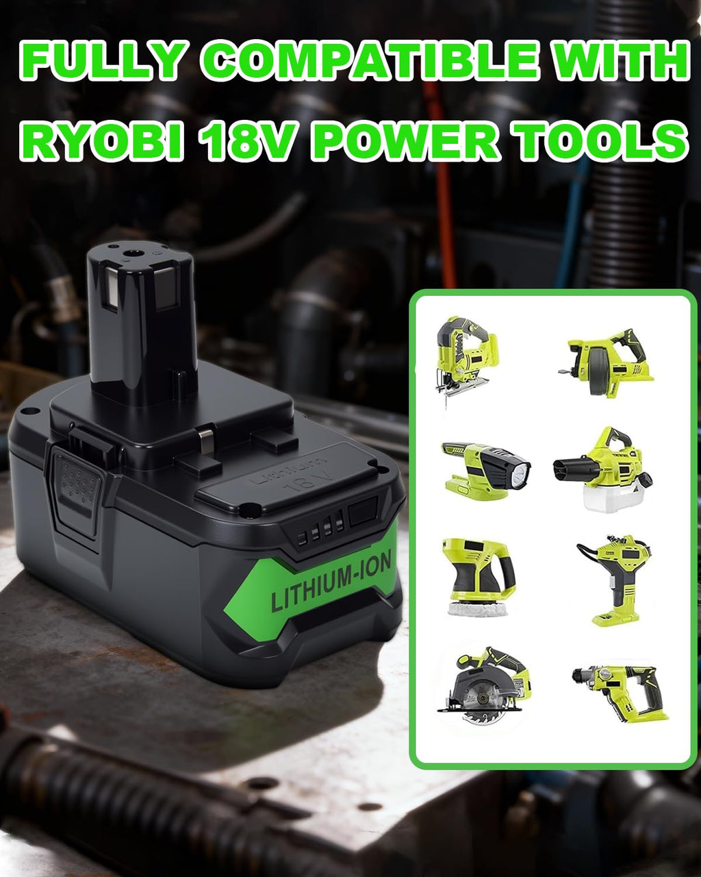 Upgrade 8000mAh Replacement for Ryobi 18V Battery High Capacity Li-Ion Batteries , P108 P104 P105 P102 P103 P109 P122 , Compatible with Ryobi 18V ONE+ System Cordless Power Tools and Charger, 2-Pack