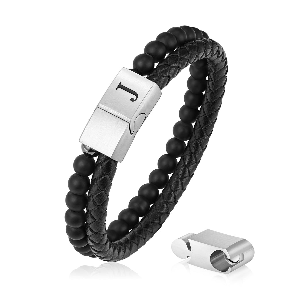 LUXEJEW Mens Bracelet - Leather Beaded Bracelets for Men Matte Agate Beads J Initial Bracelet for Mens Jewelry Fathers Day Ideas Gifts for Grandpa Dad Son Birthday Gifts for Men Husband Boyfriend