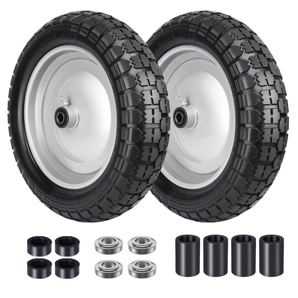 Sutmorly 4.80/4.00-8 Tire, 14.5" Flat Free Wheelbarrow Tire and Wheel, 5/8" 3/4" Bearings Solid Replacement Tires, 3" -7" Centered Hub, Universal Fit 3.50/3.00-8, 4.00-6 Trolley Dolly Go Kar, 2 Pack