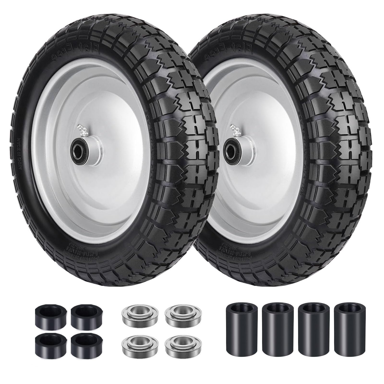 Sutmorly 4.80/4.00-8 Tire, 14.5" Flat Free Wheelbarrow Tire and Wheel, 5/8" 3/4" Bearings Solid Replacement Tires, 3" -7" Centered Hub, Universal Fit 3.50/3.00-8, 4.00-6 Trolley Dolly Go Kar, 2 Pack