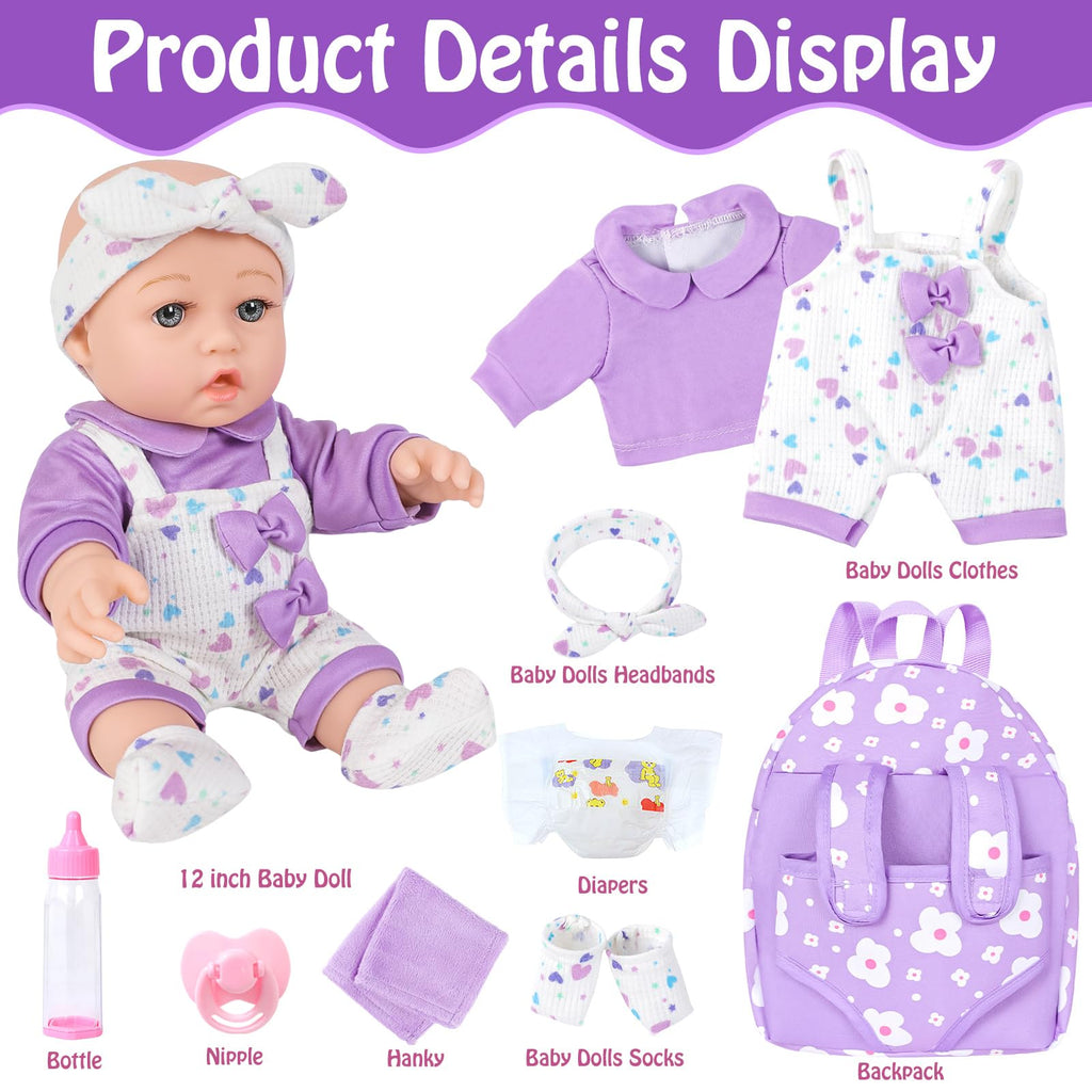 UZIDBTO 12" Baby Doll with Flower Pattern Backpack Carrier,12 Inch Realistic Baby Dolls with Clothes and Accessories Hanky Pacifier Bottle Diaper Toy Pretend Play Collection for 3+ Child Girls Gifts