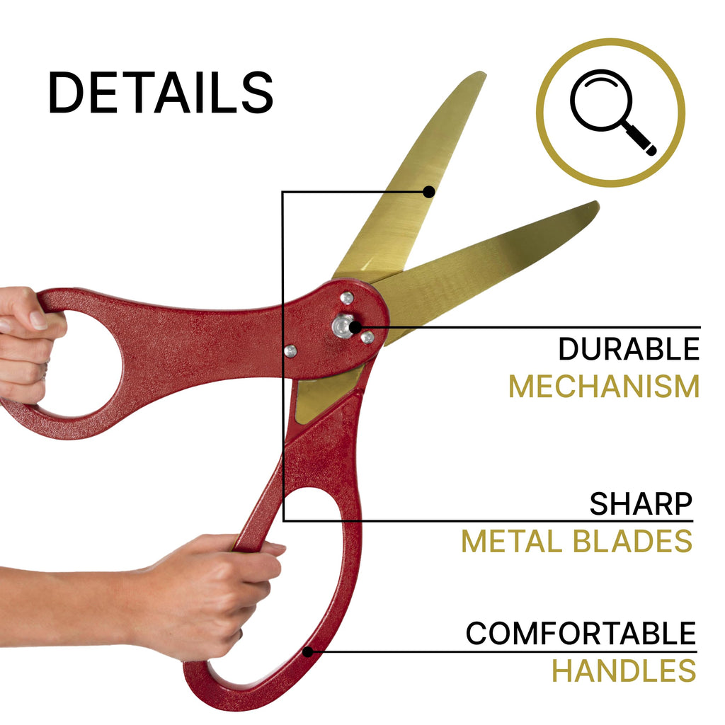 Grand Opening Ribbon and Scissors – Red 20 Ribbon Cutting Scissors with Gold Blade and Golden Satin Ribbon for Special Events & Inaugurations