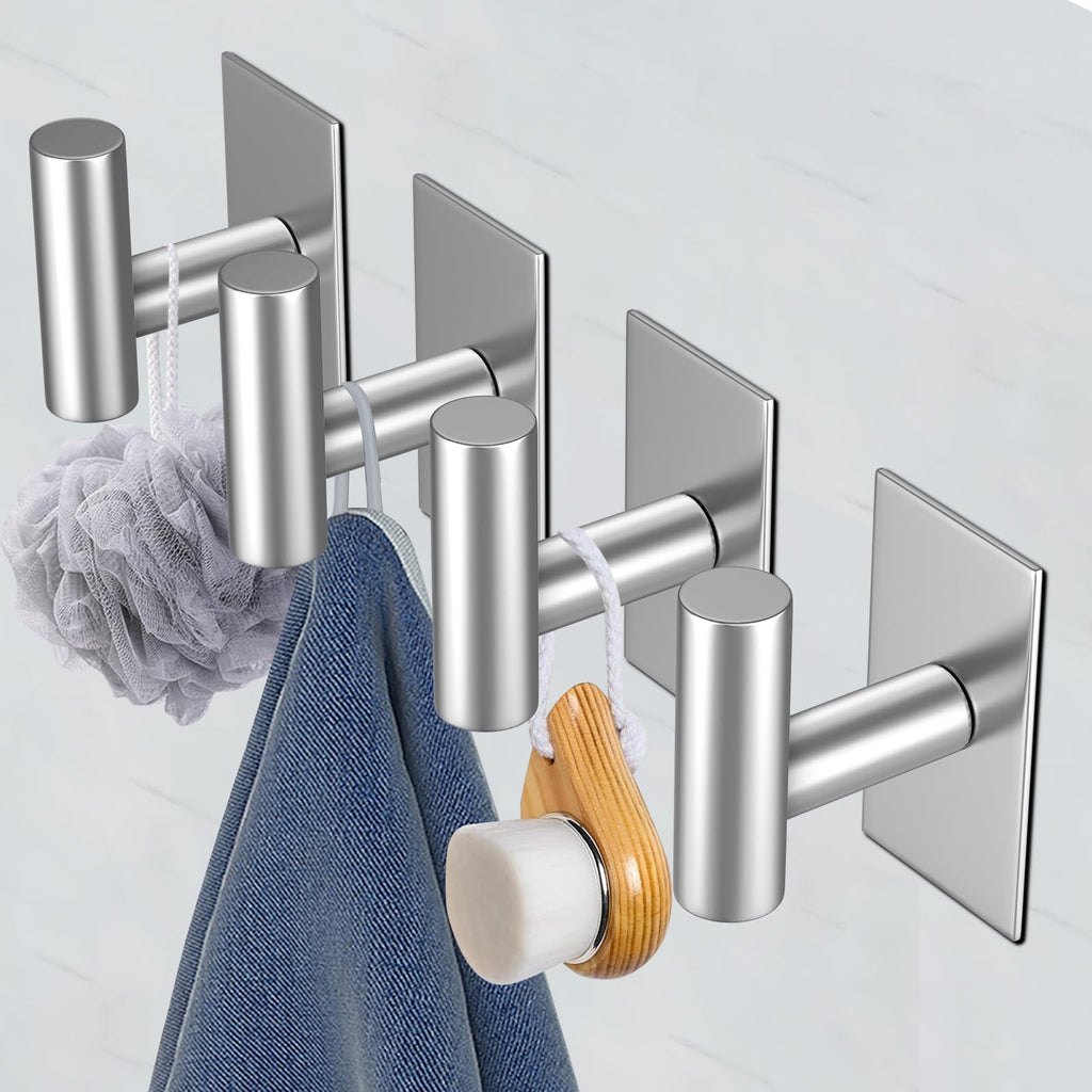 VAEHOLD Wall Towel Hooks, Heavy Duty Sticky Holder Waterproof Towel Hooks for Hanging Coat, Clothes, Closet Hook Wall Mount for Kitchen (Silver, 4 Pack)