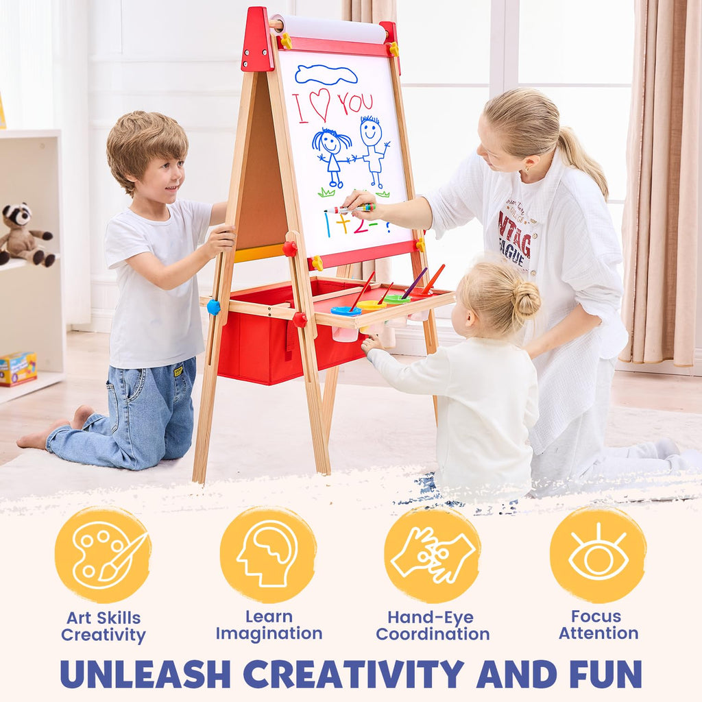 Art Easel for Toddlers Kids, Adjustable Standing Art Easel with Magnetic Chalkboard & Whiteboard, Dry-Erase Board, Paper Roll, Drawing & Painting Easel for Kids Ages 3 4-8 9-12, Red w/Bag