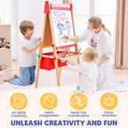 Art Easel for Toddlers Kids, Adjustable Standing Art Easel with Magnetic Chalkboard & Whiteboard, Dry-Erase Board, Paper Roll, Drawing & Painting Easel for Kids Ages 3 4-8 9-12, Red w/Bag
