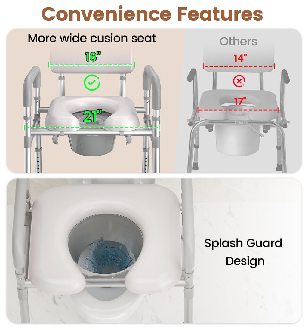 SOUNDFUSE Bedside Commode Chair with Padded Seat and Backrest, Aluminum Dual-Crossbar, Height Adjustable, Portable Toilet for Seniors and Adults, Potty Bucket and Splash Guard, 350 lbs Weight Capacity
