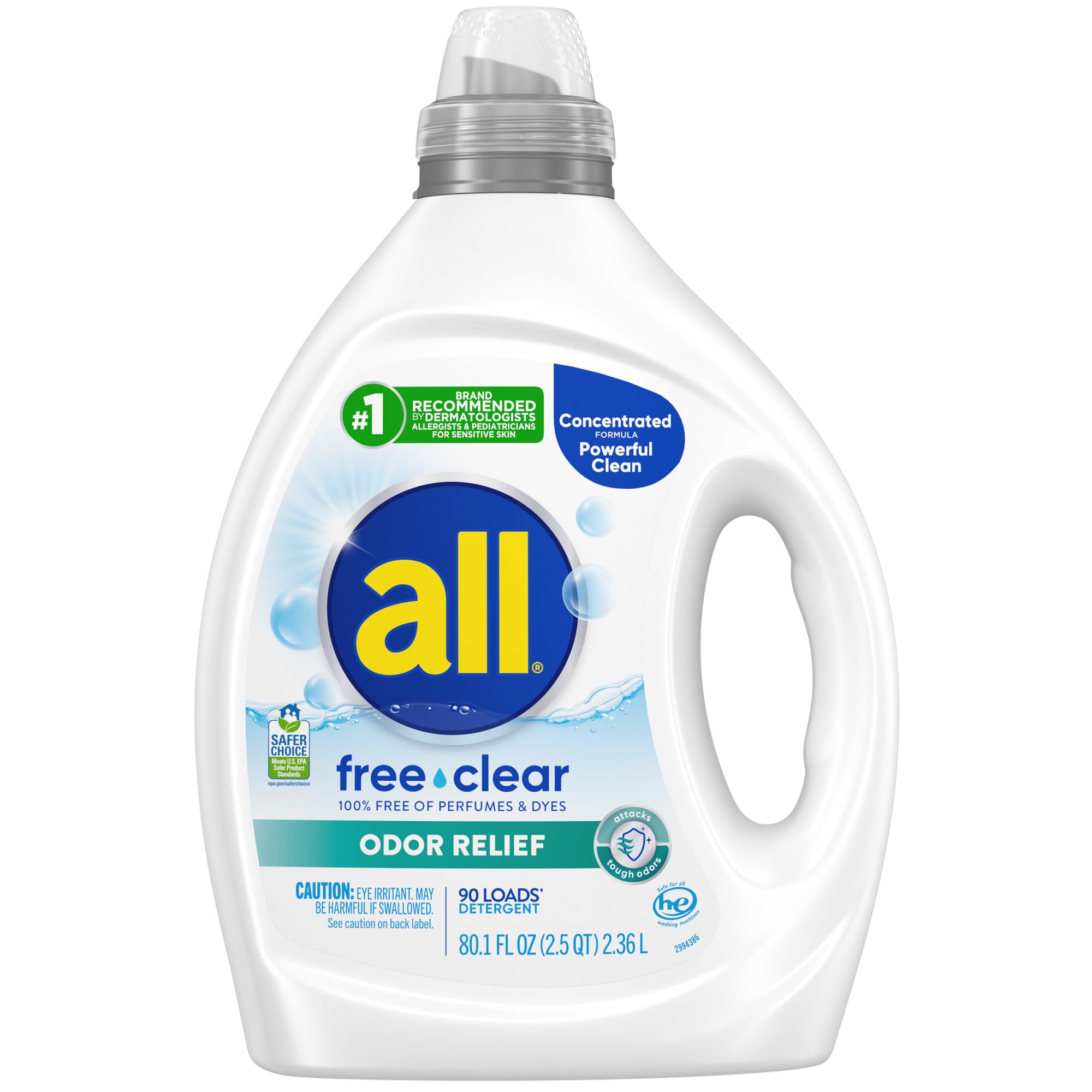 all free clear, Odor Relief, Liquid Laundry Detergent for Odors, Unscented and Hypoallergenic for Sensitive Skin, Concentrated, 80.1oz, 90 Loads