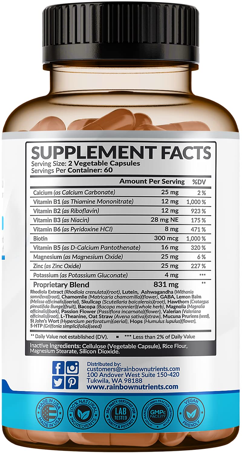 28 in 1 Calm Mood Support Supplement- Natural Happy Pills for Occasional Anxiousness & Stress, Worry feelings, Relaxation, Mental Clarity | Max Sleep & Mood Support for Women & Men|120 Vegan Capsules