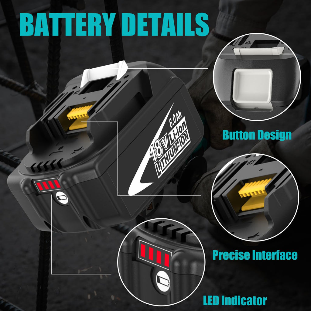 2-Pack 8000mAh High Capacity Replacement for Makita 18V Battery Compatible with Makita 18 Volt Batteries BL1860B BL1850B BL1840B BL1830B BL1815B LXT400 with LED Indicator Cordless Power Tools (White)