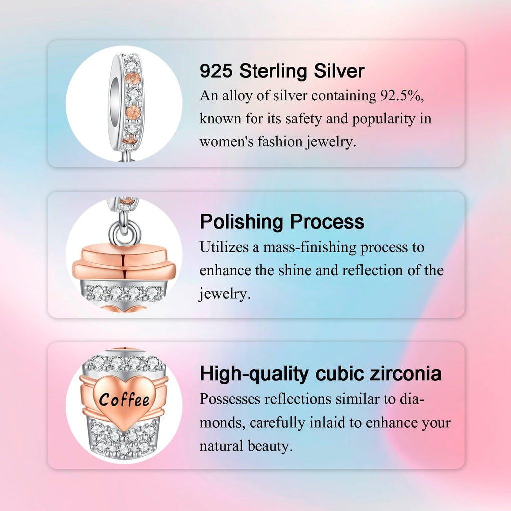 Alstade Coffee Cup Dangle Charm 925 Sterling Silver Charms fits Bracelets and Necklace Pendant Bead Charms Jewelry Present for Women Family Friends