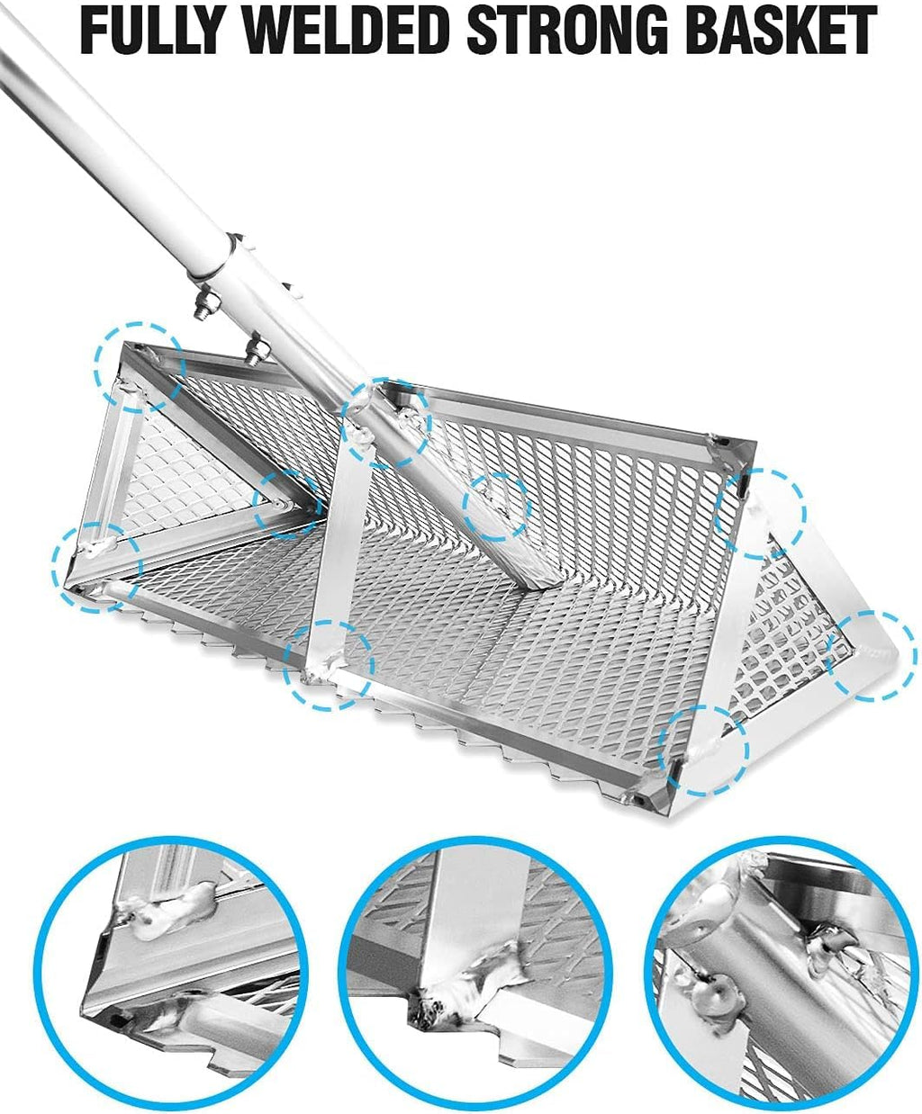 Exact Design Sand Flea Rake,16-Inches Wide Basket, 52” Long Strong Assembly Handle, Sharp Teeth, Curved Handle Design [3 Pieces Assembly Handle Version]