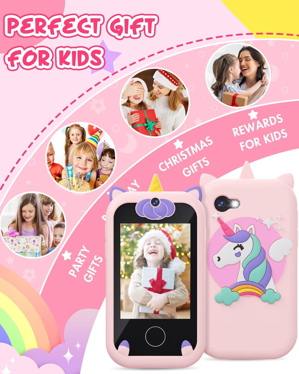 Joozfee Kids Smart Phone for Girls Unicorn Toys with 8G Memory Card,Pink