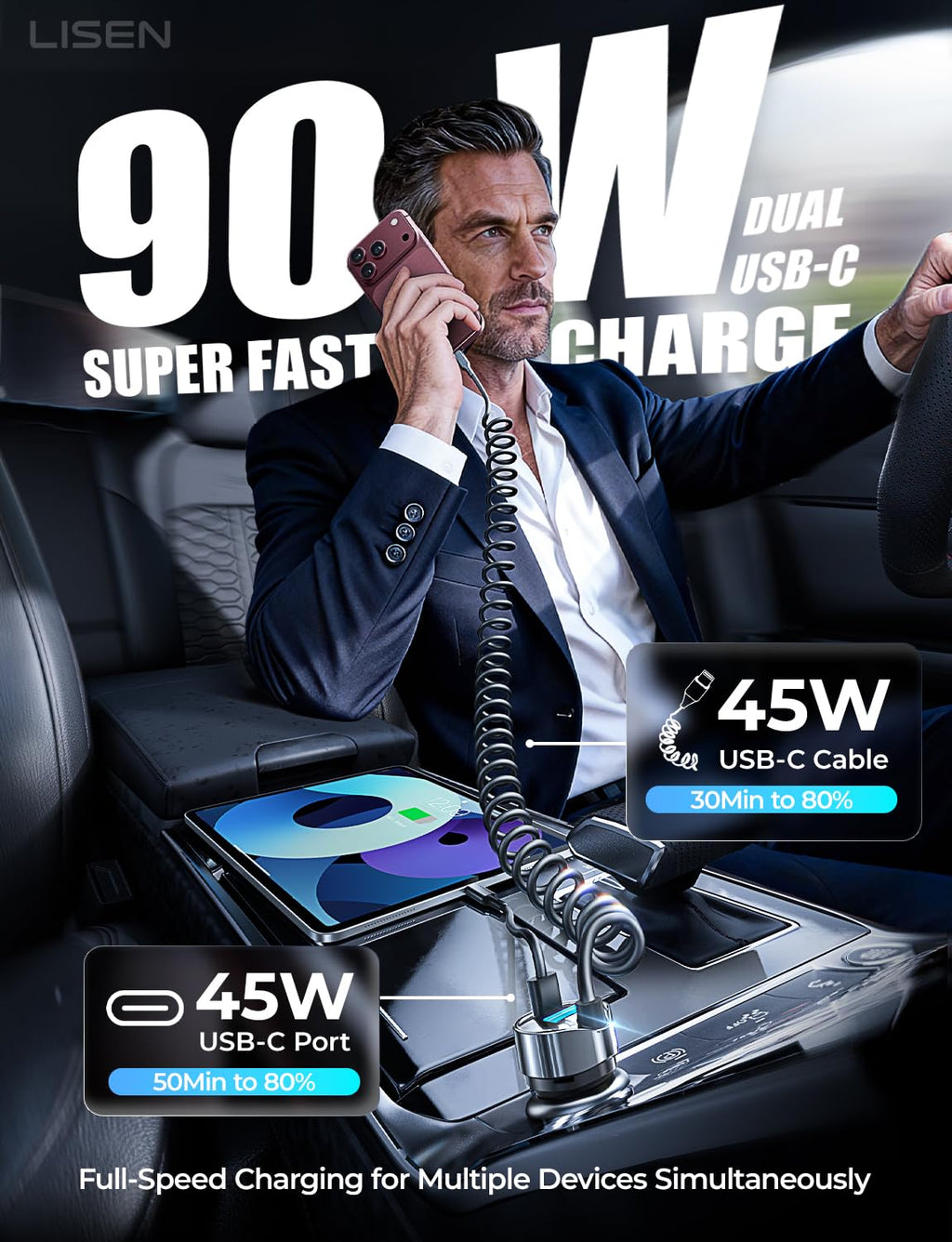 LISEN 120W for iPhone 18 17 16 Pro Max Car Charger USB C Fast Charge