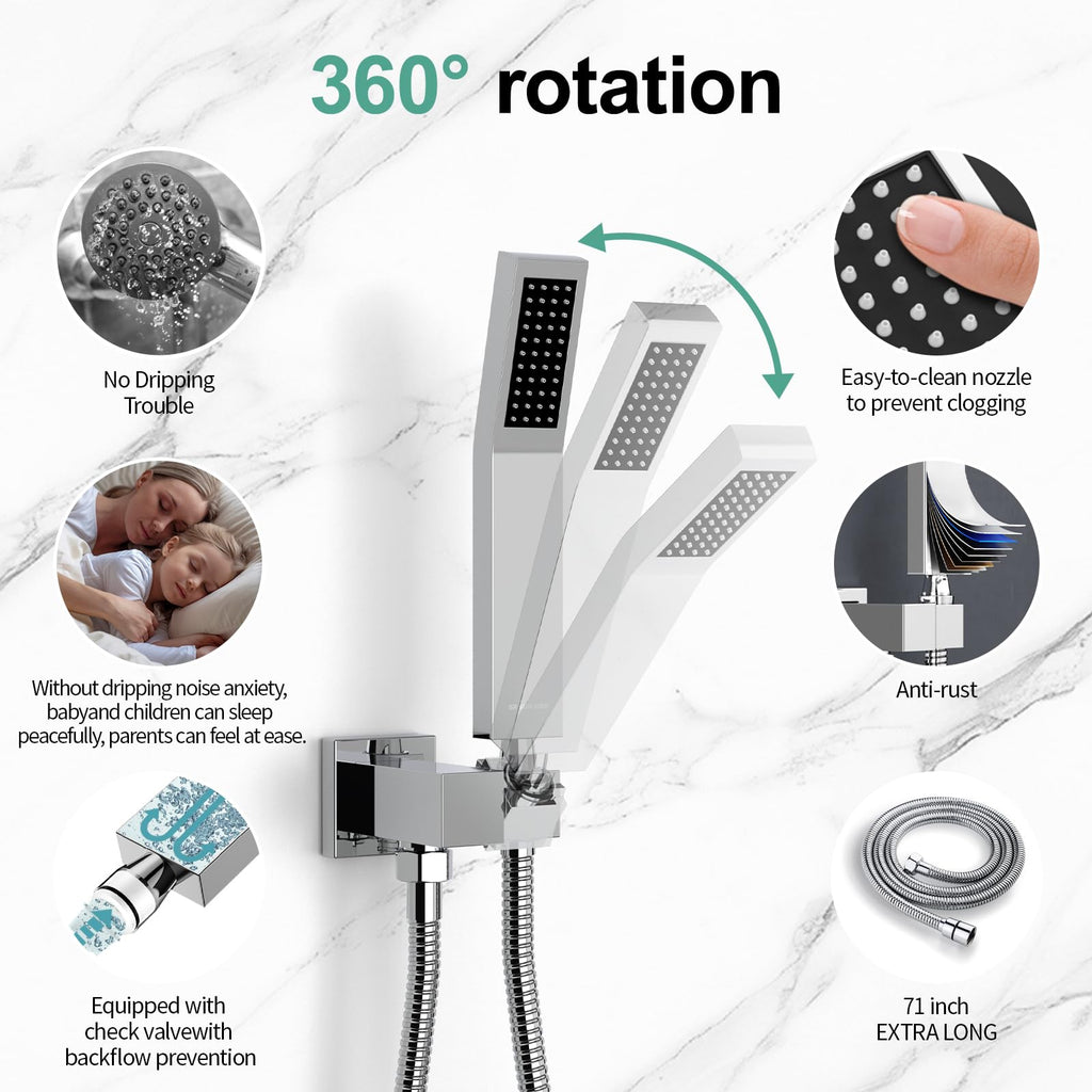 SR SUN RISE Polished Chrome Square Rainfall Shower Head and Handle Set, Wall Mounted Shower Fixtures, Metal Shower Faucet Trim Repair Kits (With Shower Valve)