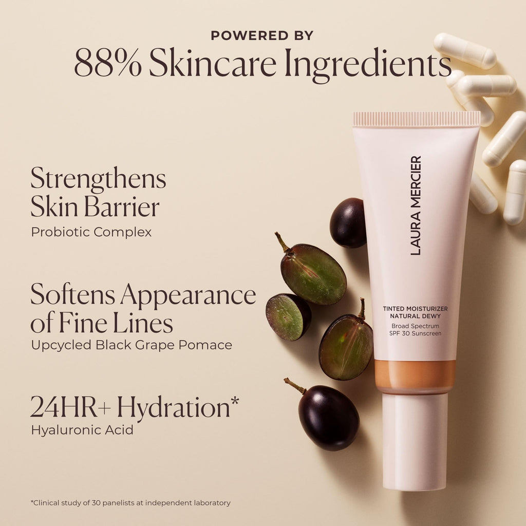 Laura Mercier Tinted Moisturizer Natural Dewy with SPF 30: 24HR+ Hydration, Long Lasting, Sheer to Light, Buildable Coverage, Dewy Finish, Improve Skin Tone and Texture, Skin Tint, Brunette