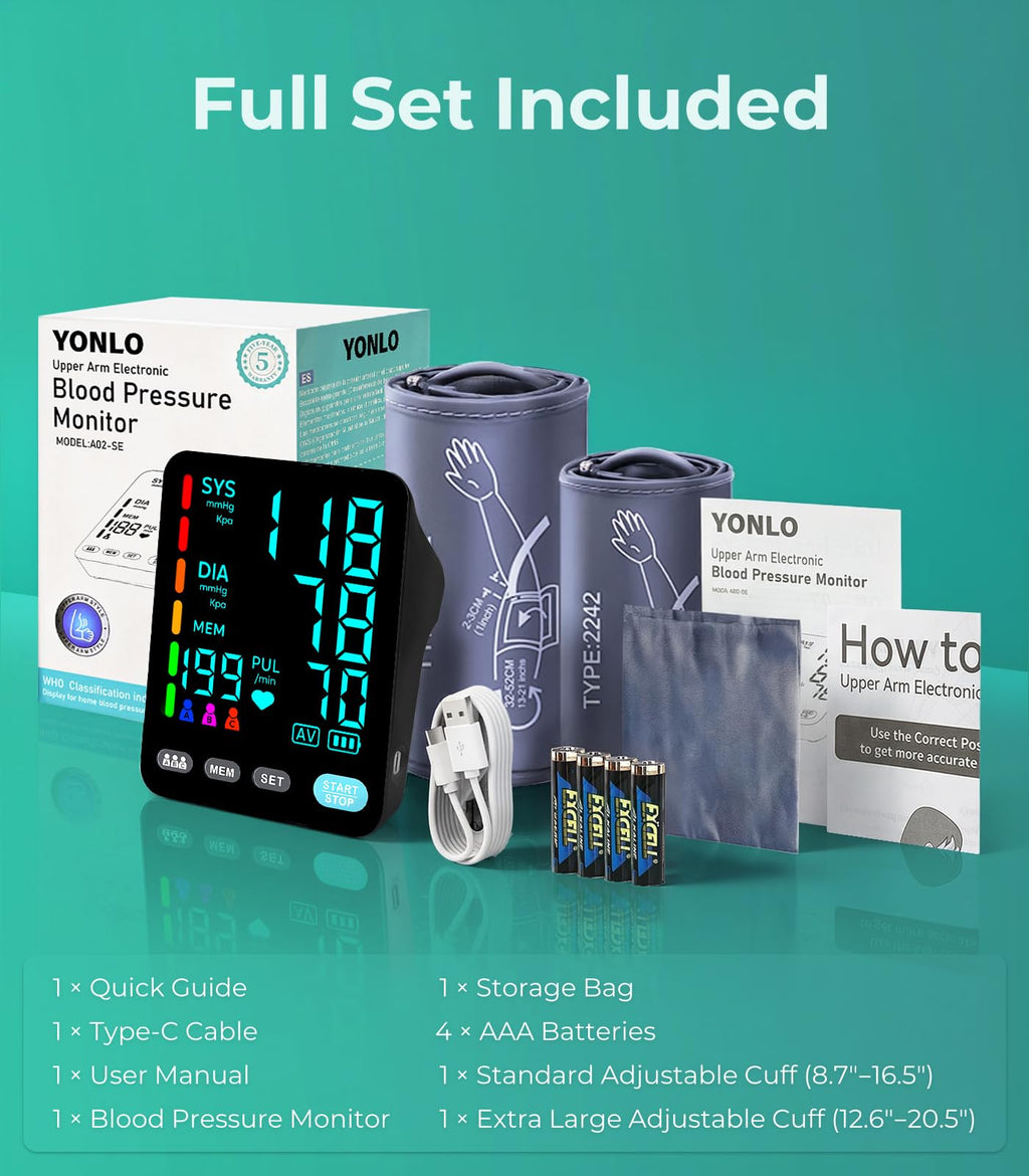 YONLO Blood Pressure Monitor, Automatic Upper Arm Blood Pressure Monitors for Home Use, 2 Blood Pressure Machine Cuff(9-17in & 13-21in) with Large LED Backlit Display, 3x199 Reading Memory Users Black