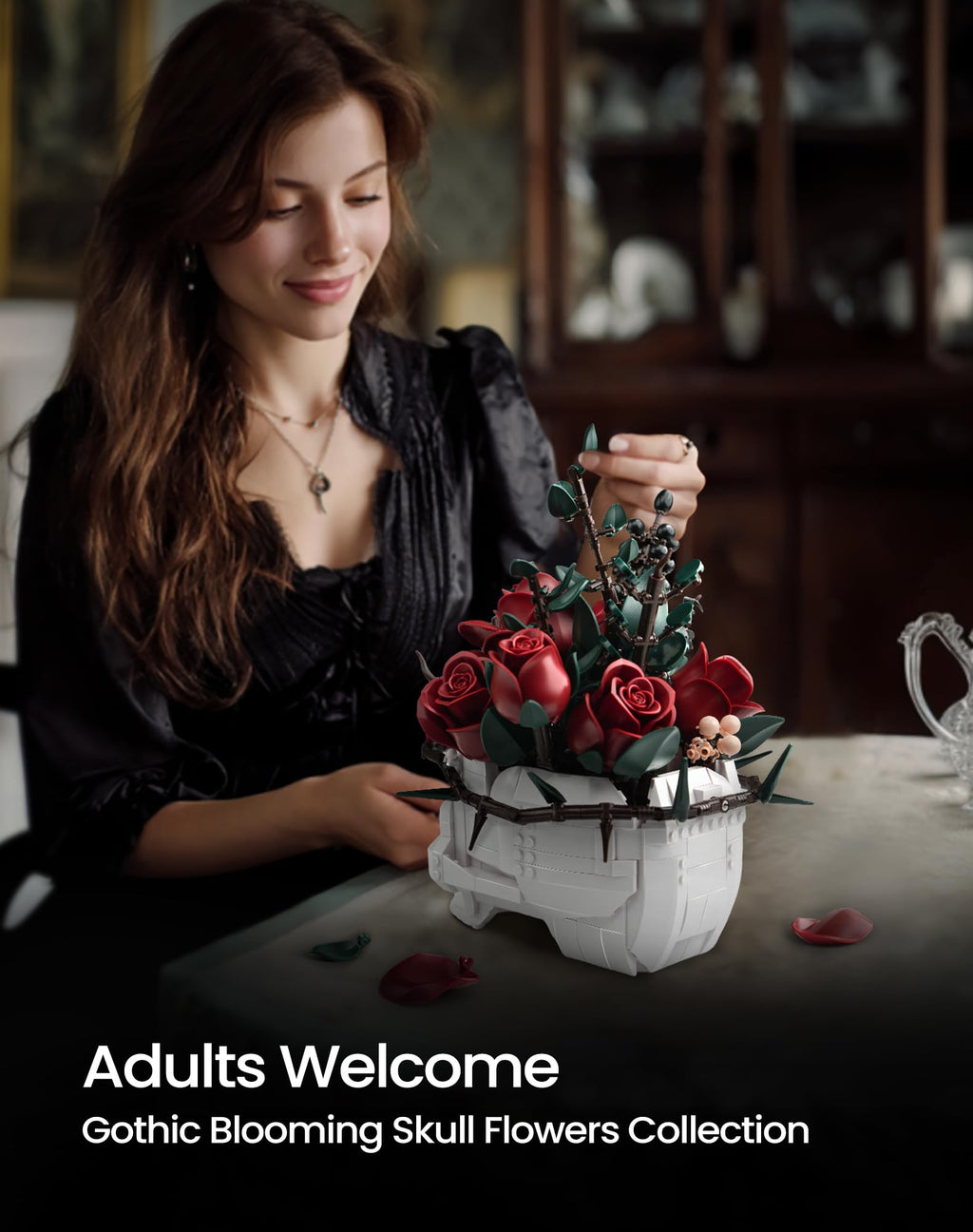 iATOM Skull Rose Bouquet Building Set, Compatible with Lego Flowers for Adult - Halloween Gothic Horror Skeleton Plant Pot Home Decor - Artificial Flower Botanical Collection Gifts, IA11008