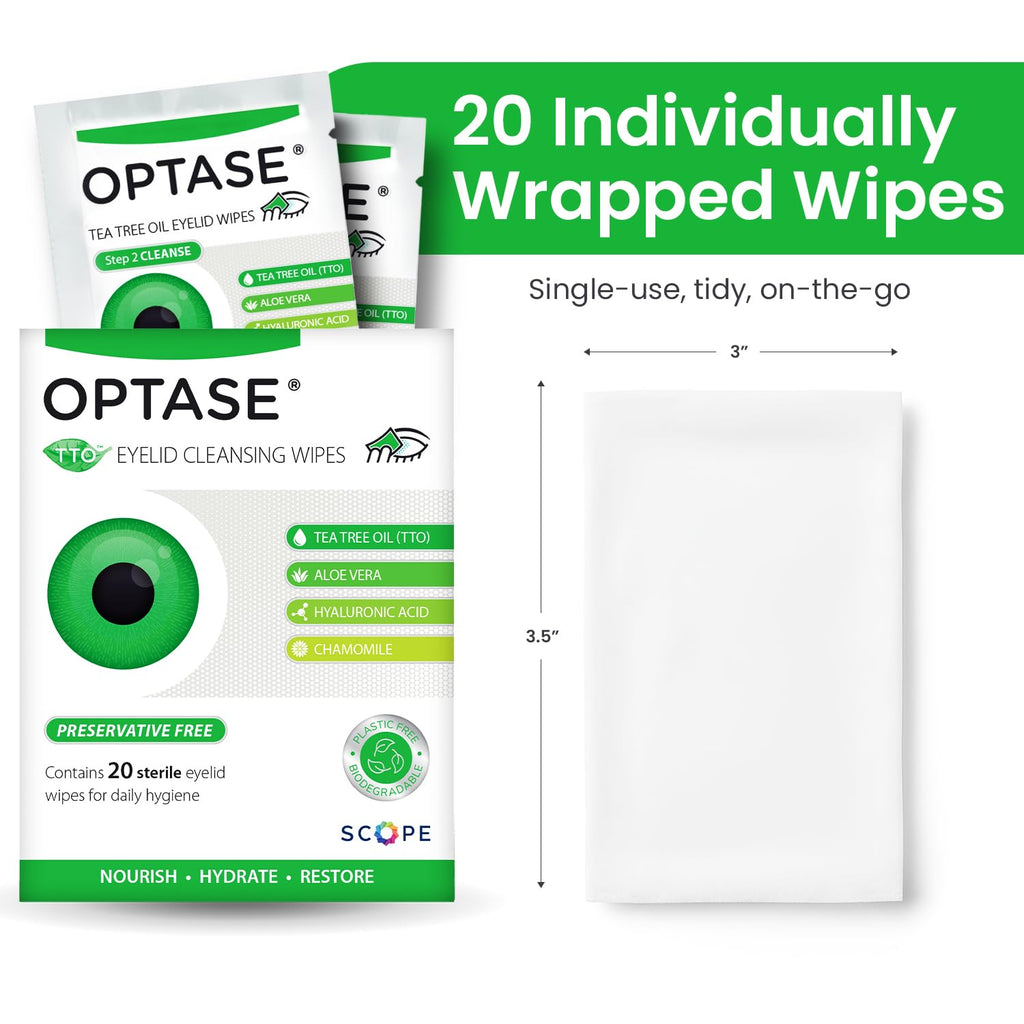 OPTASE TTO Eyelid Cleansing Wipes, 20 Count – Individually Wrapped Tea Tree Oil Eyelid Wipes – Preservative-Free Formula for Daily Use – Eye Doctor Recommended Tea Tree Eye Lid Cleanser
