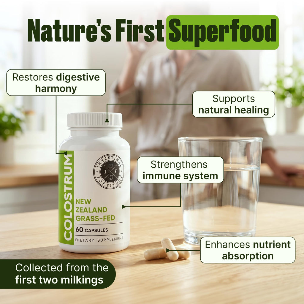 Intestinal Fortitude 100% Grass Fed New Zealand Cows Colostrum Capsules, Grassfed, Hormone Free, GMO Free, Optimal Gut Health and Immune System Support, Leaky Gut, IBD, 500 mg Capsules, 60 CT