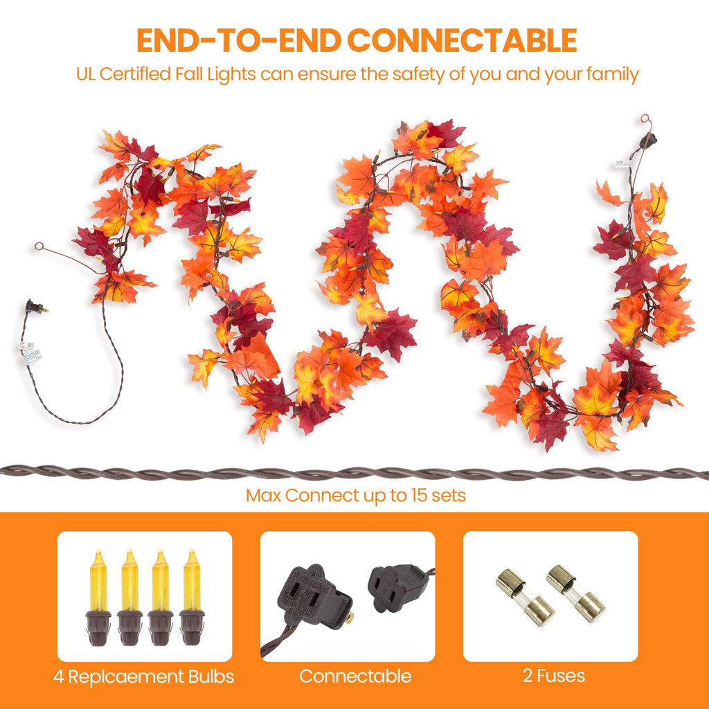 Brillarlights Fall Leaf Garland with Lights Plug in, 11FT Lighted Maple Leaf Garland with 50 Orange Bulbs, Connectable Fall Decorations for Home, Thanksgiving Halloween Mantel Stairs Porch Decor