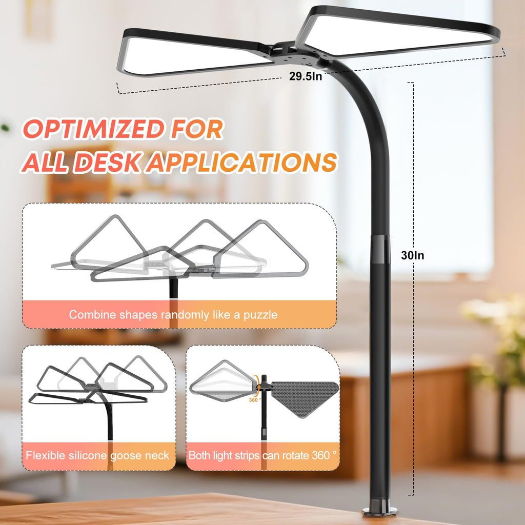 AILBTON Ultra-Large Gooseneck Desk Lamp with Clamp| Dual-Source Super Bright LED Study Light with Flexible Arms, 5 Brightness & 4 Color Modes for Home Office/Reading