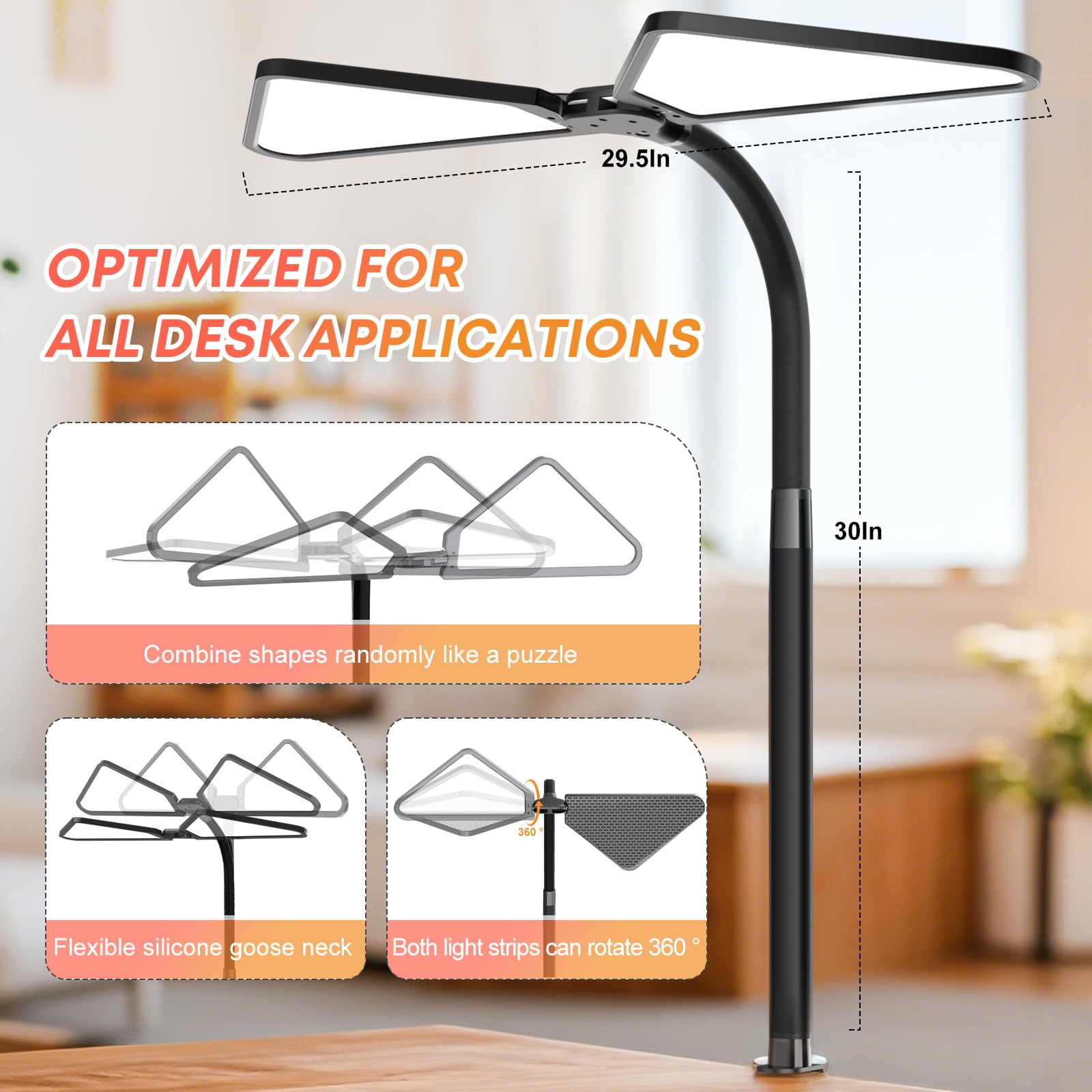 AILBTON Ultra-Large Gooseneck Desk Lamp with Clamp| Dual-Source Super Bright LED Study Light with Flexible Arms, 5 Brightness & 4 Color Modes for Home Office/Reading