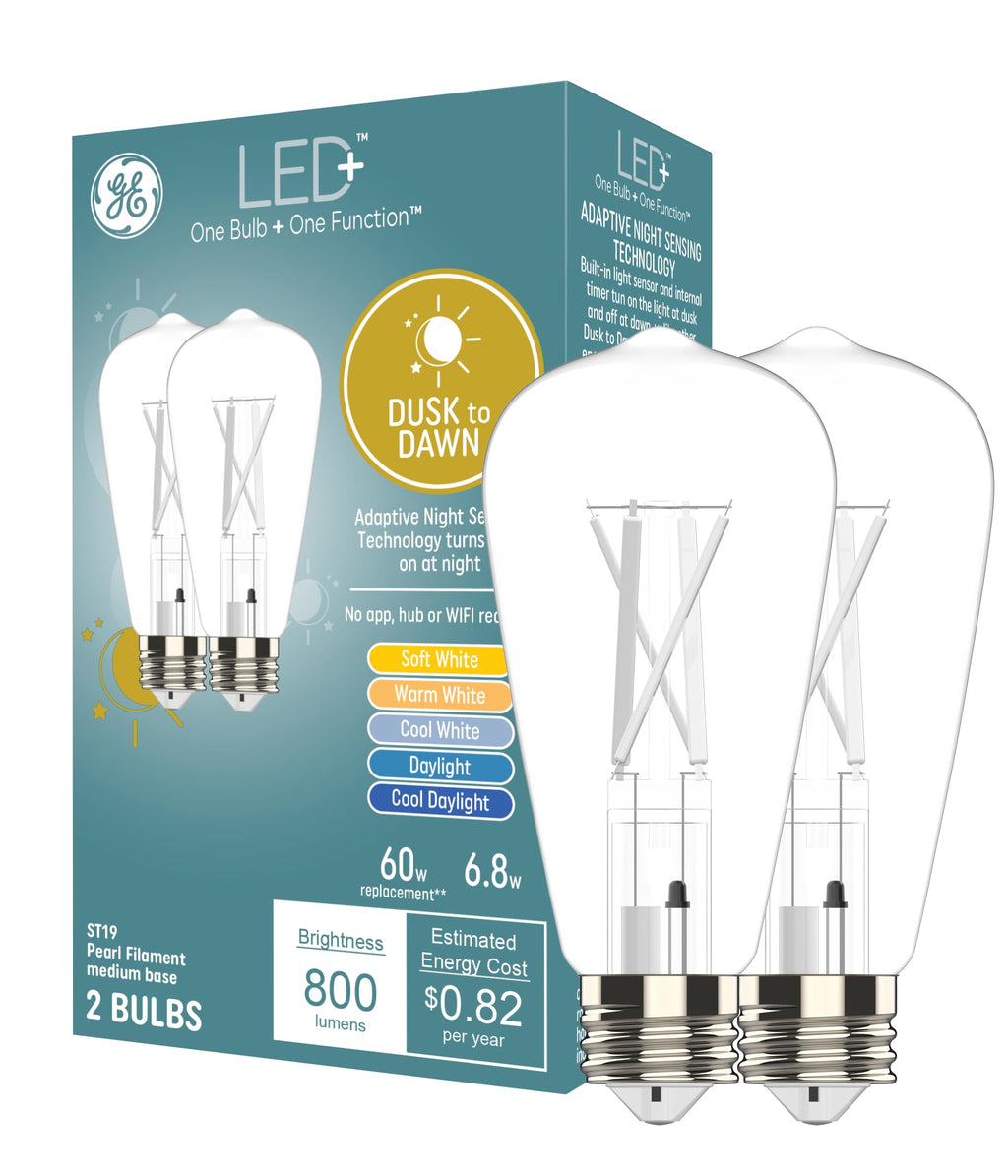 GE LED+ Dusk to Dawn LED Light Bulbs, Security Lights, 60 Watt Replacement, Decorative ST19 Bulbs, Medium Base, Color Select (2 Pack)