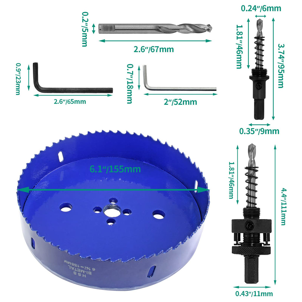 Luomorgo 155mm/6.1 inch Hole Saw with Arbor, 1 1/4 inch Cutting Depth HSS Bi-Metal Hole Cutter for Wood Cornhole Boards Plastic Drywall & Metal Sheet