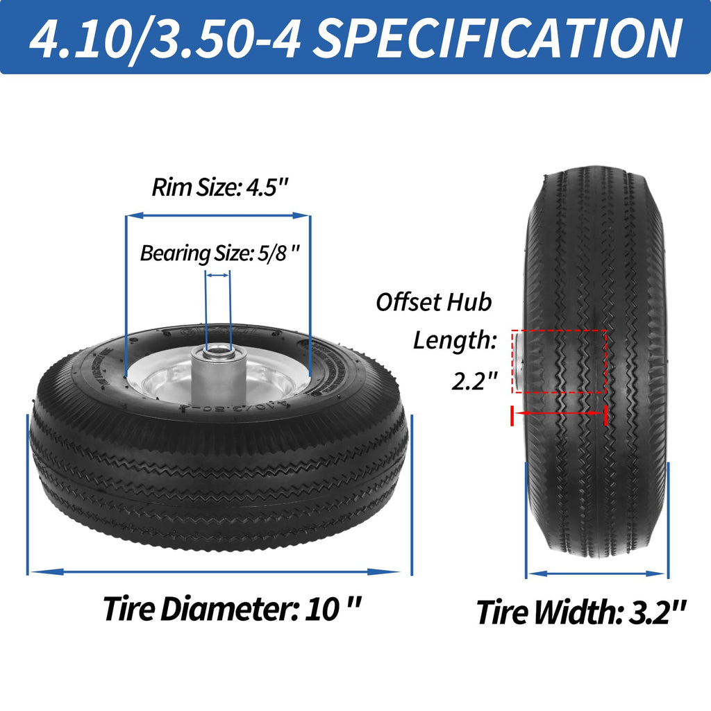 GICOOL 10" Tire and Wheel, 2 Pack, 4.10/3.50-4 Pneumatic Tire, with 2.25" Offset Hub, 5/8" Axle Bore Hole, Sealed Bearings for Hand Truck Trolley Dolly Garden Wagon Wheel Replacement