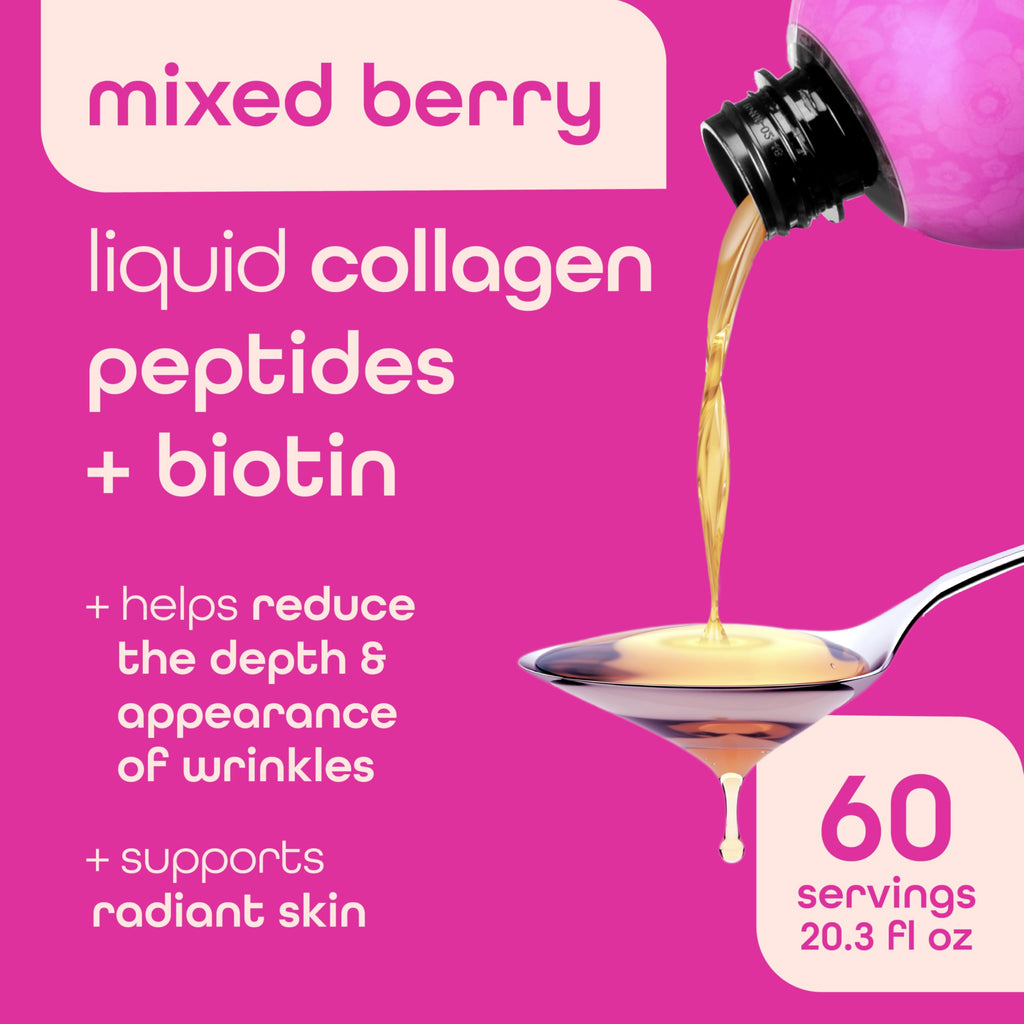 Zena Nutrition Liquid Collagen for Women & Men (Type 1 & 3) & 5000mcg Biotin, 2500mg Verisol Bioactive Collagen Peptides, Hair, Skin, Nail Supplement, Mixed Berry, 60 Servings, 20.3 fl oz