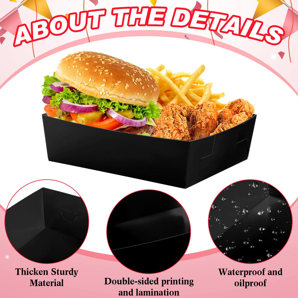 Uiifan 50 Pcs 5 lb Extra Large Paper Food Trays Disposable Food Boat Nacho Plate Serving Snack Trays Grease Resistant Self-assembly for Graduation Birthday Wedding Party Supply (Black)