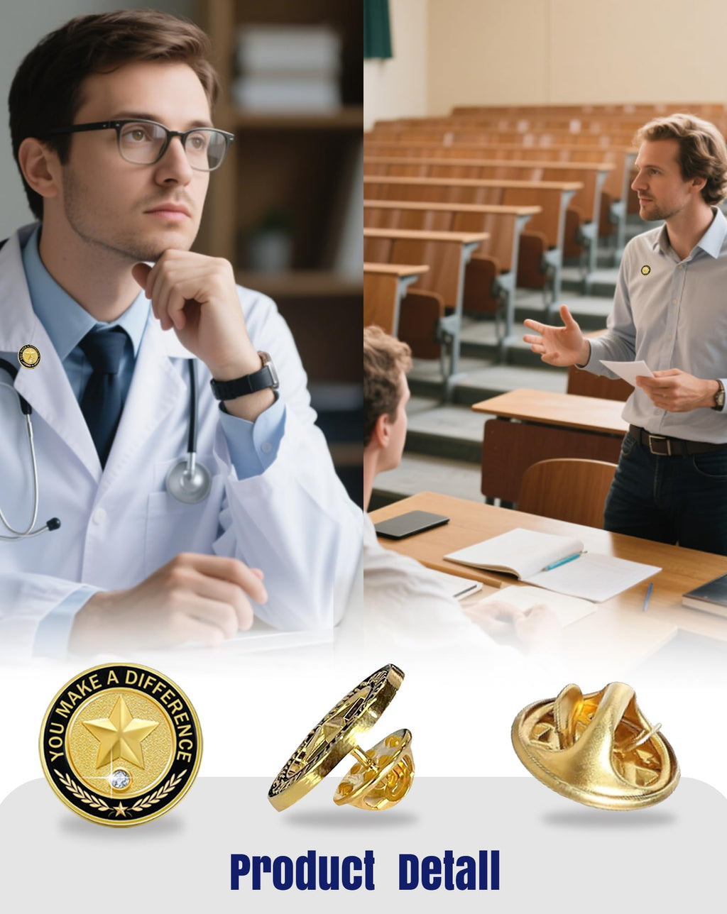 50 Pcs Employee of the Month Pins, Recognition Enamel Pin Bulk, Performance Reward Gift for Staff Team Volunteer - You Make a Difference Lapel Pin