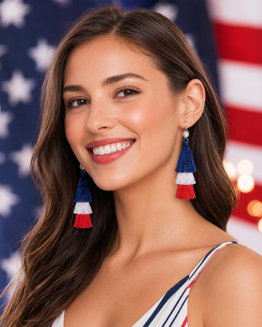 Zealmer Womens Real Gold Plated Long American Flag Earrings 4th of July Dangle Earrings Jewelry for Women
