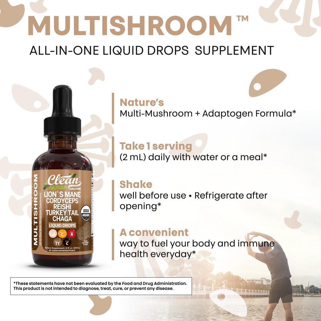 Organic Lions Mane Mushroom Supplement Liquid Drops + Turkey Tail Cordyceps Reishi Chaga Shitake Maitake Tremella Oyster Mushrooms Poria and Enokitake Complex Blend by Clean Nutra