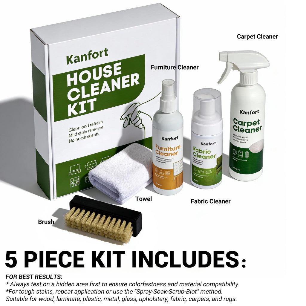 kanfort Carpet & Upholstery Cleaner 5-Piece Set, Fast Action Stain Remover for Furniture, Fabric, Sofa, Car Seats & Clothes - Includes Brush and Towel - Safe for Kids and Pets, Includes Brush & Towel