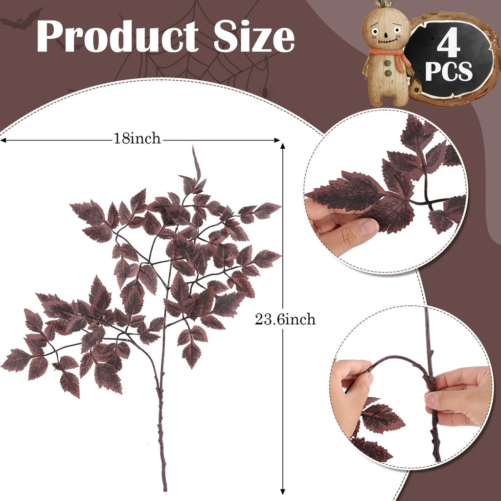 Hananona 4 Pcs Artificial Cimicifuga Leaf Spray, 23 Inch Faux Burgundy Fall Greenery Branch with Long Stems for Vase, Farmhouse Thanksgiving Autumn Centerpiece Halloween Decor (4, Chocolate)