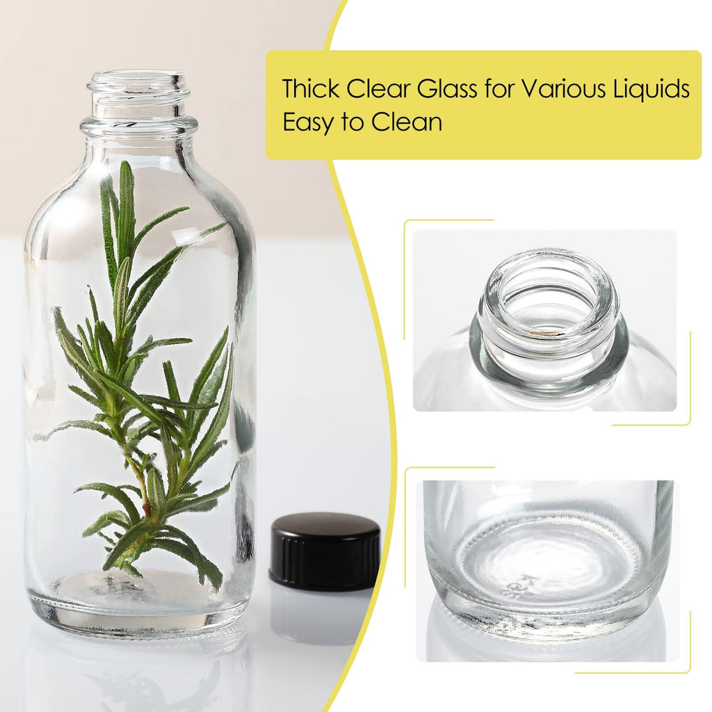 6 Pack, 4 oz Small Clear Glass Bottles with Lids & 2 Stainless Steel Funnels - 120ml Boston Sample Bottle for Potion, Juice, Wellness, Ginger Shots, Whiskey, Liquids - Mini Travel Essential Bottles