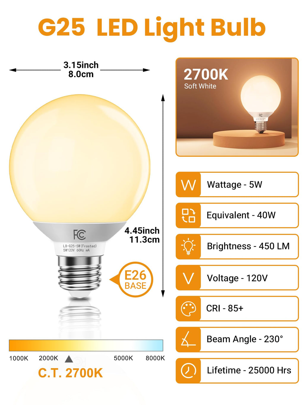 TJOY G25 LED Globe Light Bulbs, Vanity Bulb for Bathroom 40W Equivalent