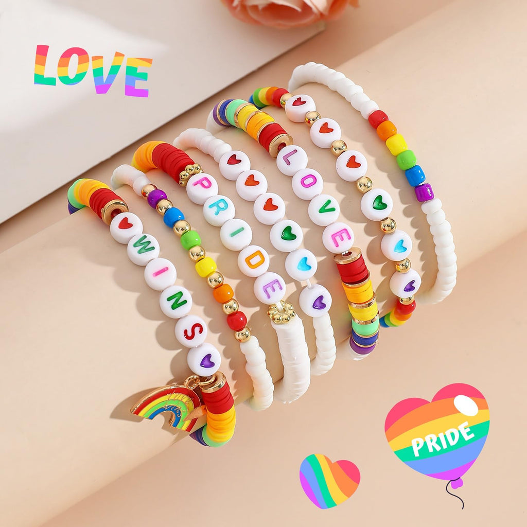 Artlunar LGBT Pride Bracelet for Bisexual Lesbian Gay& Allies Pride Love Wins Rainbow Colorful Beaded Clay Elastic Stackable Stretch Bracelet LGBTQ Celebration Gifts