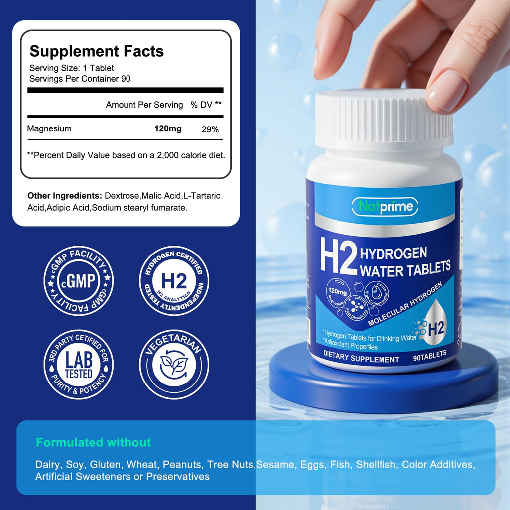 Natprime Hydrogen Water Tablets - H2 Molecular Hydrogen Tablets for Drinking Water with Magnesium, 12 PPM Mineral Supplements for Antioxidant, Mental Clarity, Cognitive, Recovery & Energy - 90 Counts