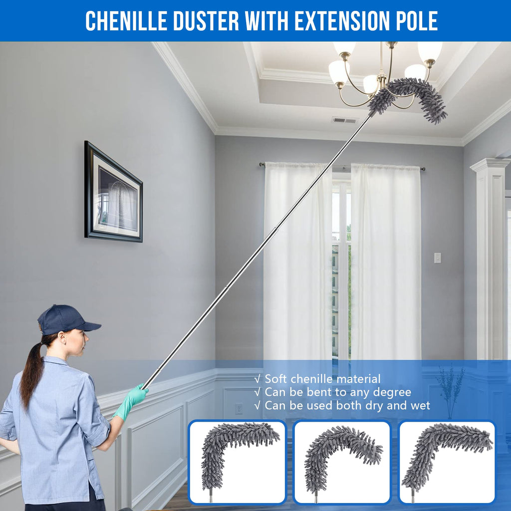 UIMO Microfiber Feather Duster Kit with Extension Pole (30–100") – Bendable Washable Heads, Extendable Dusters for Cleaning Ceiling Fan, High Ceiling, Blinds, Furniture & Cars (5 Pcs)