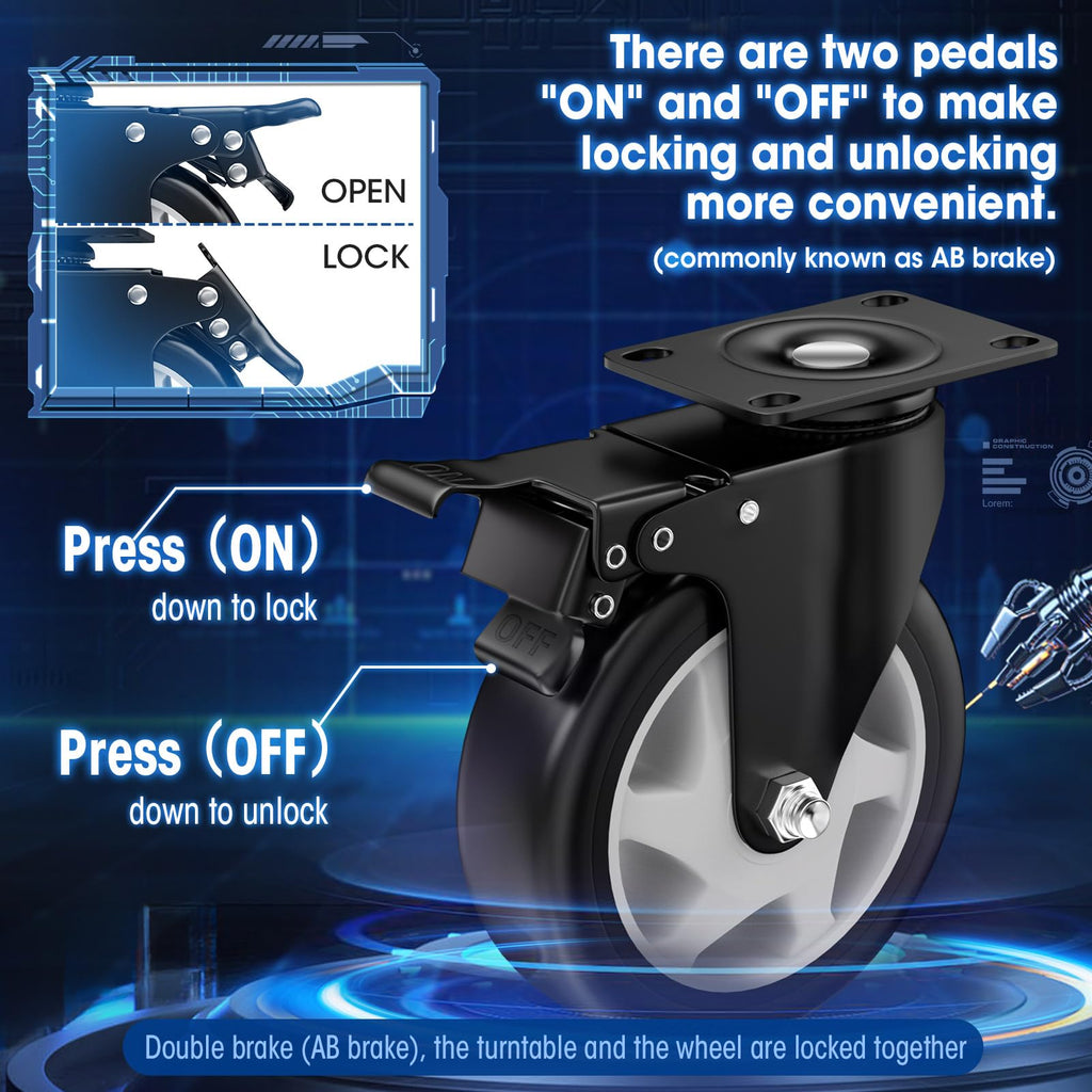 ASHGOOB 5" Heavy Duty Plate Casters, 1400 Lbs Dual Brake - Set of 4