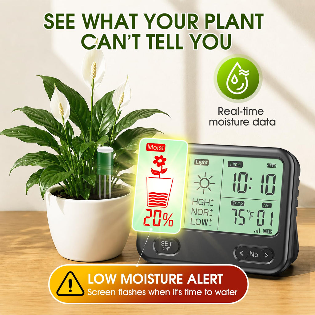 Soil Moisture Meter for Plants,4-in-1 Wireless Soil Tester,Soil Thermometer/Moisture/Sunlight Time,Large Screen,Indoor/Outdoor Plant Water Meter,Garden Soil Test Kit for Lawn,Farm,Houseplants