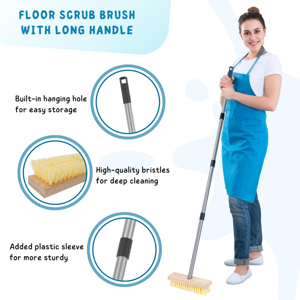 Floor Scrubber Brush with Long Handle for Deck Cleaning, 52'' Stiff Bristle Scrub Broom for Shower, Bathroom, Boat, Concrete, Carpet, Garage